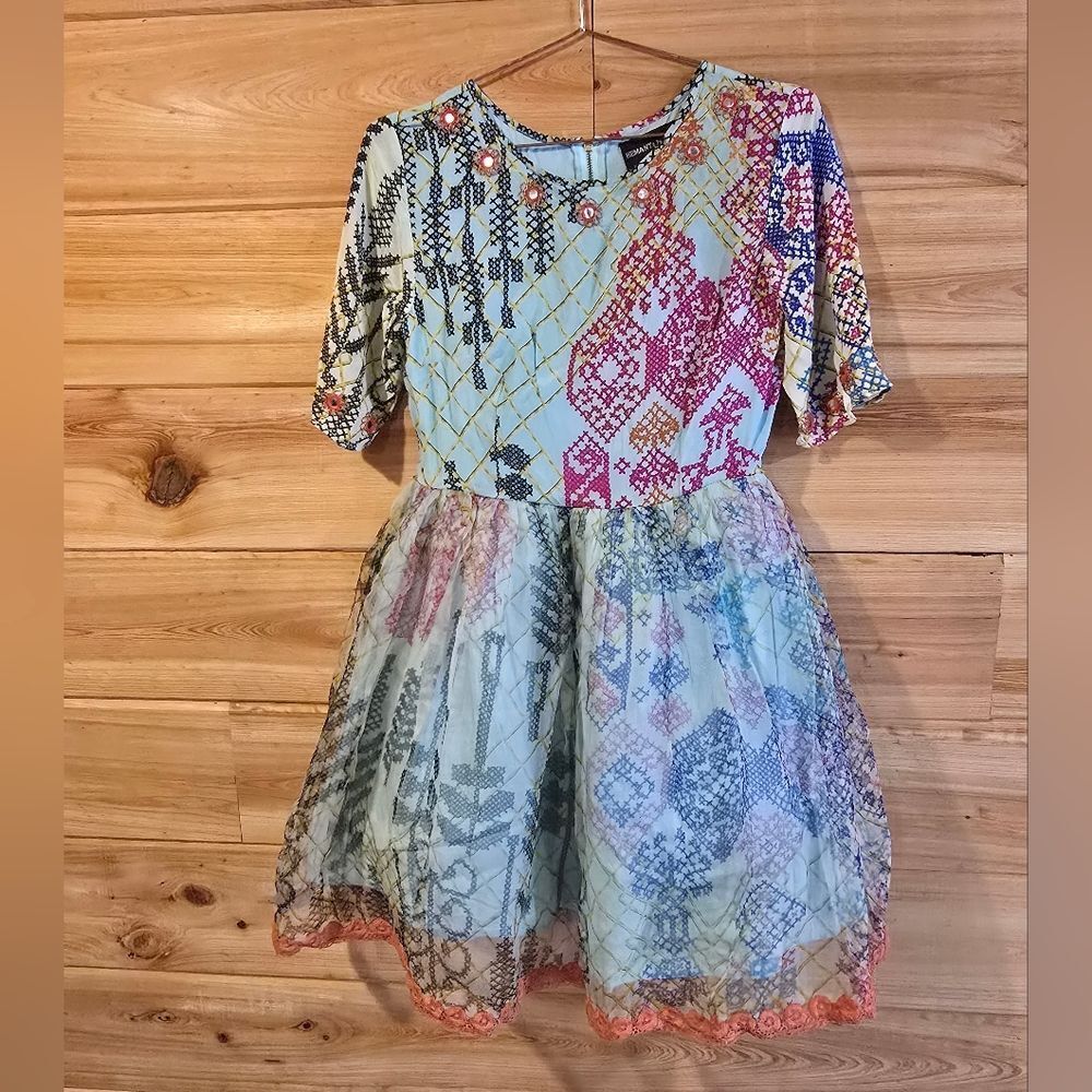 3359 Hemant & Nandita 100% Silk Boho Patchwork Mini Dress Lined Fit & Flare Sz 4 - Picture 2 of 9